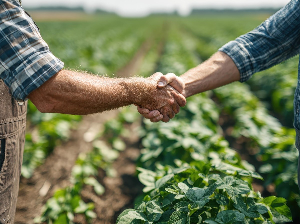 Two people shaking hands over a fence gate at a rural property
