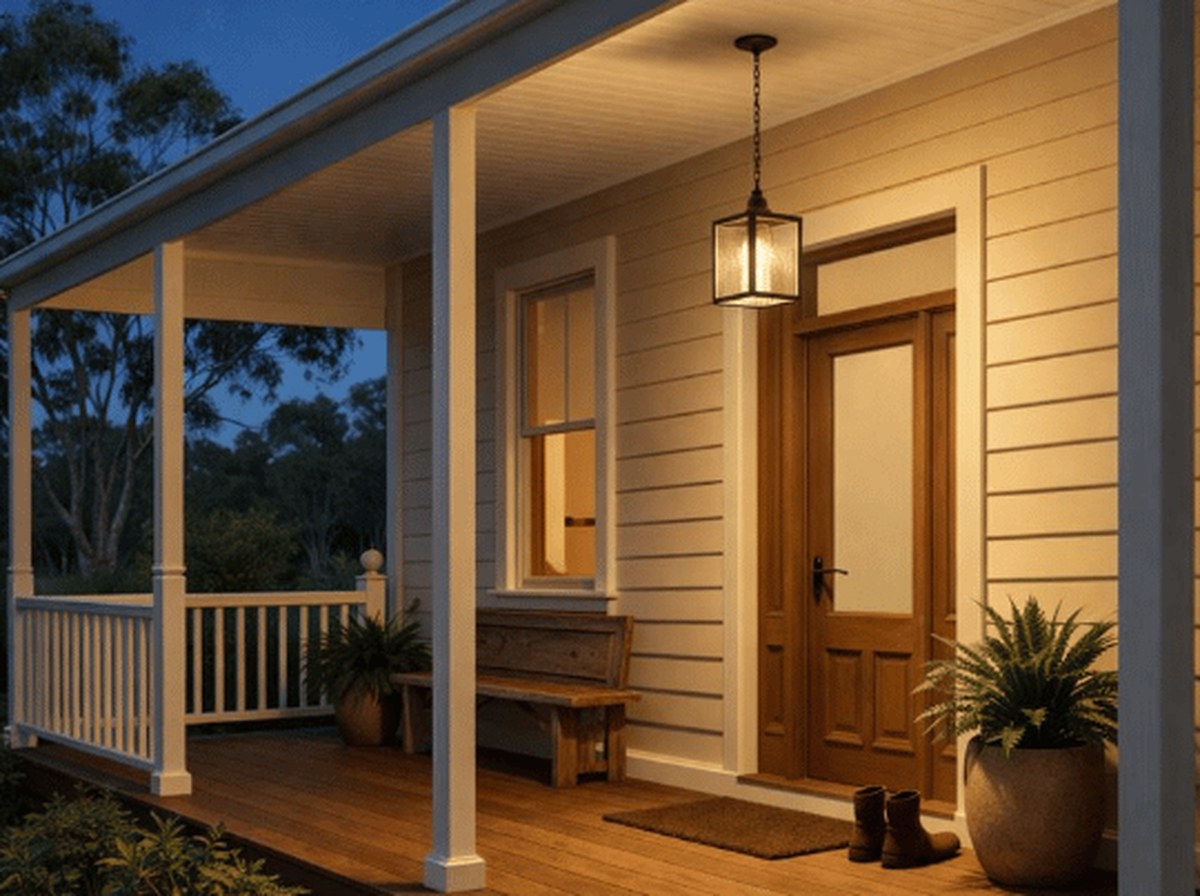 Cozy country home with a porch at dusk, warm light in the windows